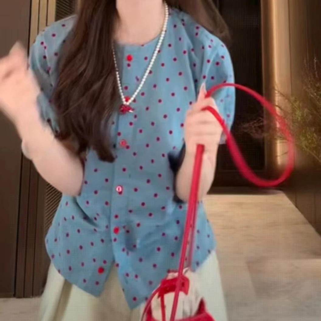 025夏款苎.麻波点红扣轻奢衬衫