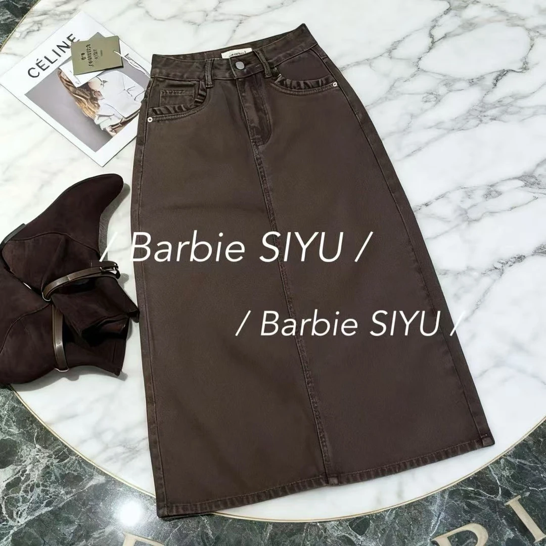 Barbie Siyu【云舒裙】7335秋季高腰直筒口袋花边复古小个子半身裙