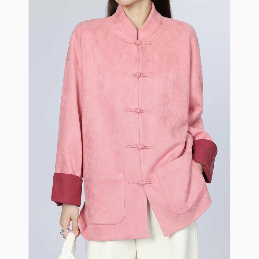 Janie Yee"复古粉绒" 国风新中式麂皮绒加厚上衣外套女 24A1252