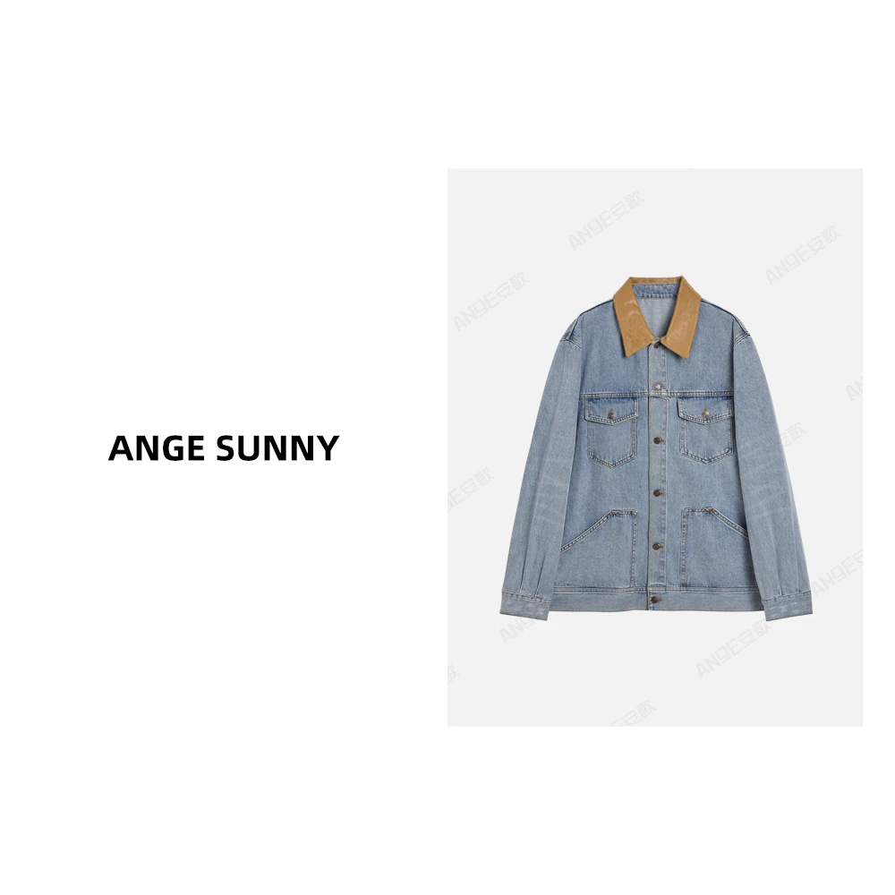 ANGE SUNNY【刘诗诗同款 羊皮领牛仔外套】皮领宽松牛仔夹克外套