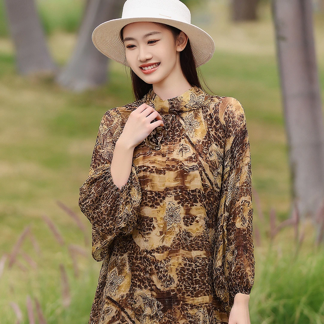 拜占庭的森林桑蚕丝连衣裙豹纹时尚高领气质宽松显瘦百搭中长款女