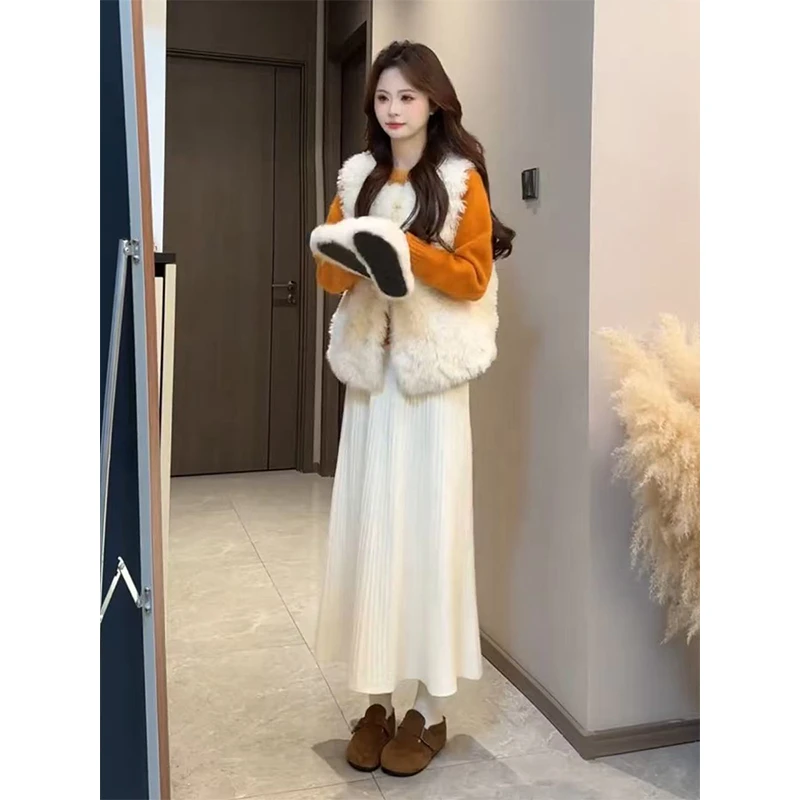 2025秋冬穿搭一整套温柔软糯小香风橘色毛衣毛马甲白色半身裙套装