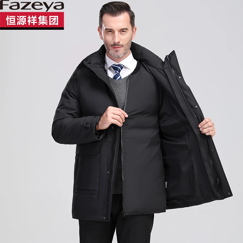 Fazeya/彩羊爸爸羽绒服男中年冬季中长款连帽白鸭绒活里活面外套