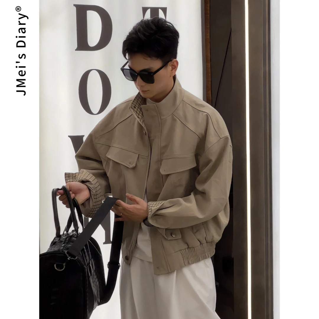 JMei's Diary秋季亚麻朱棣棉格子拼接哈灵顿夹克外套休闲短款宽松