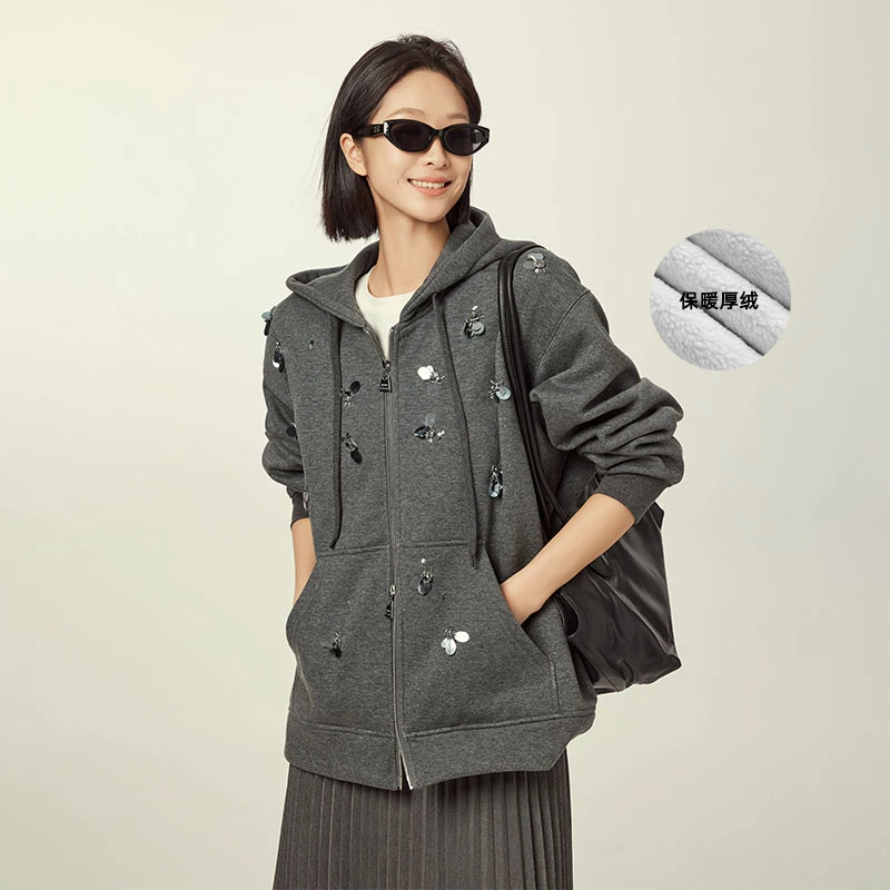 美洋MEIYANG 浮星外套 精梳棉_保暖厚绒钉珠花连帽袋鼠兜宽松卫衣