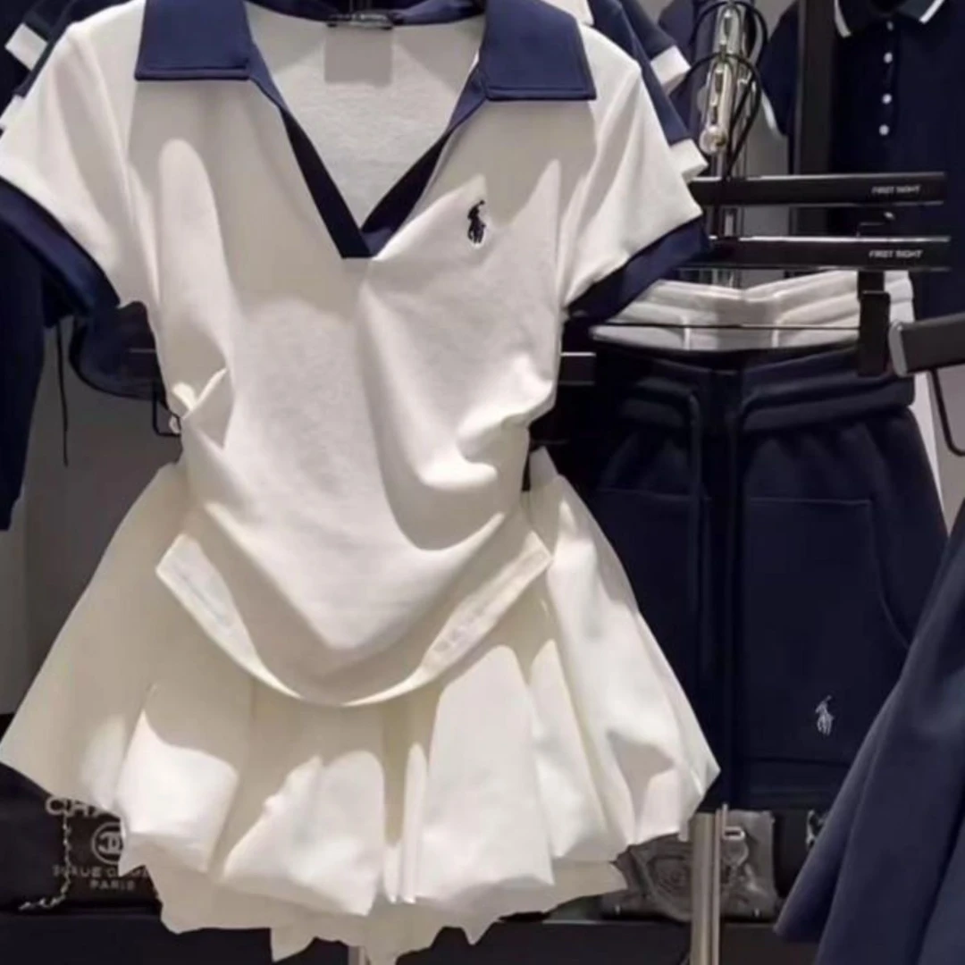 小马刺绣翻领短袖t恤花苞蓬蓬裤裙两件套女春夏季学院风减龄套装