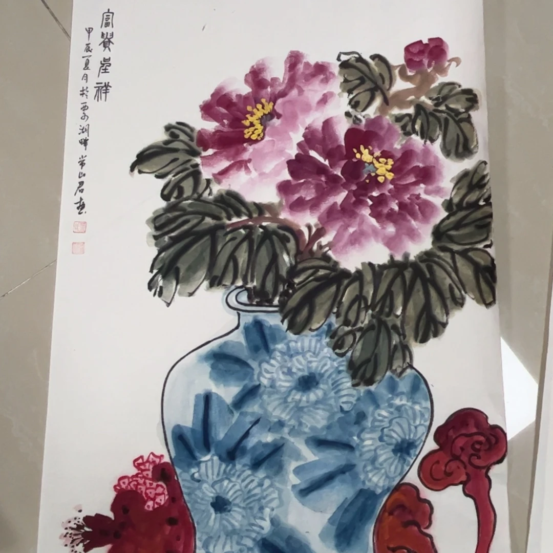 国画四尺三开花鸟作品