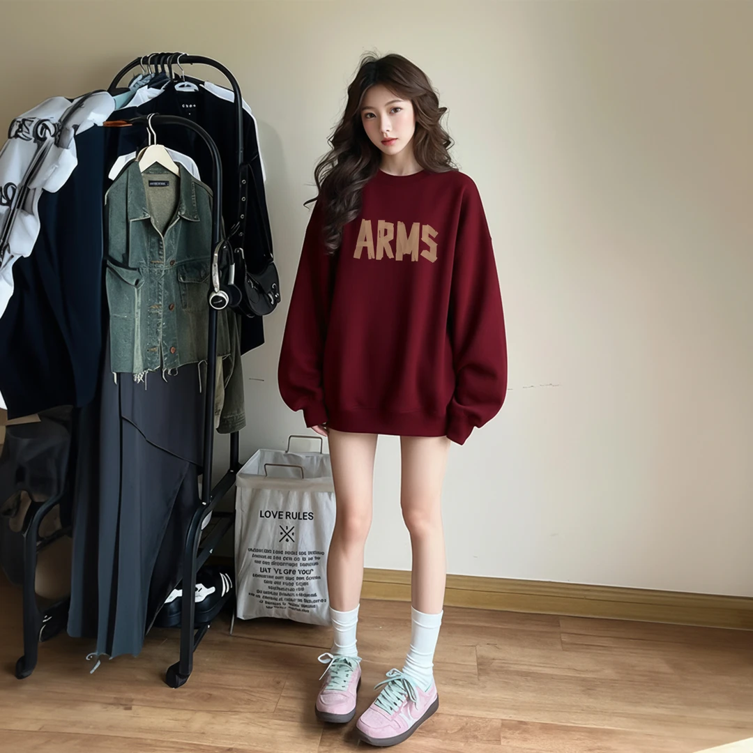 胖mm300斤酒红色圆领卫衣女秋冬季宽松加绒加厚无帽美式慵懒上衣