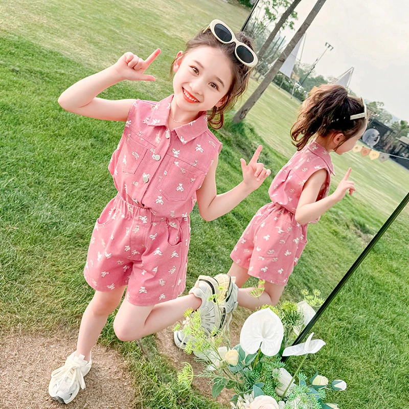 女童夏装工装套装儿童装网红炸街两件套潮女宝宝夏季洋气无袖衣服