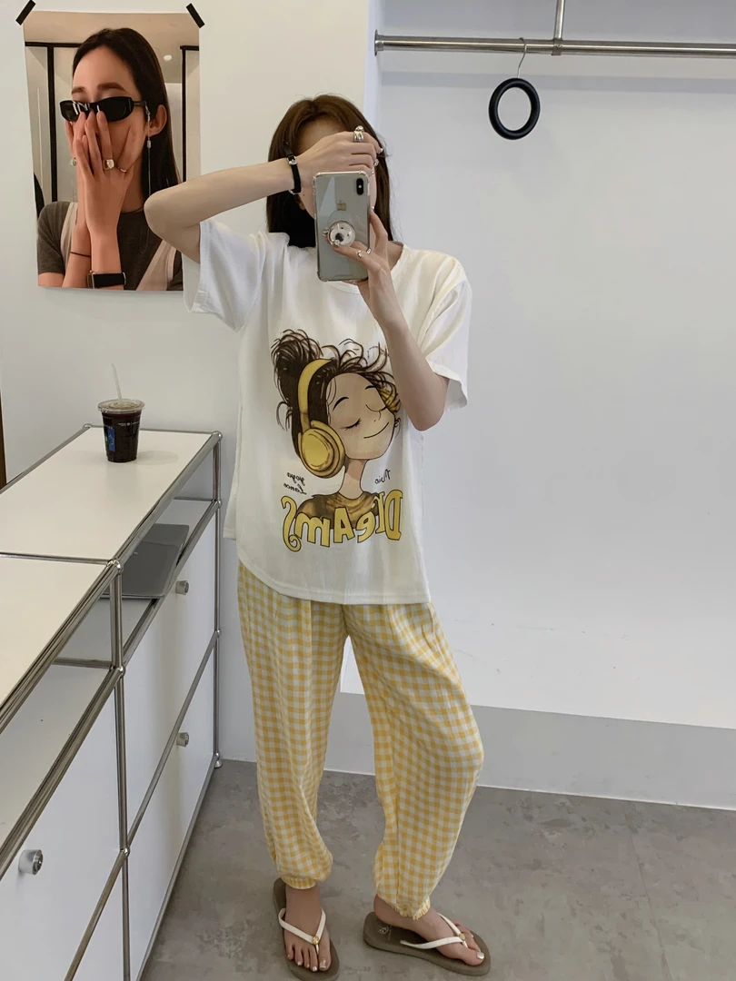程程甄选  韩版漫画卡通休闲居家服夏季【短袖长裤】睡衣套装055