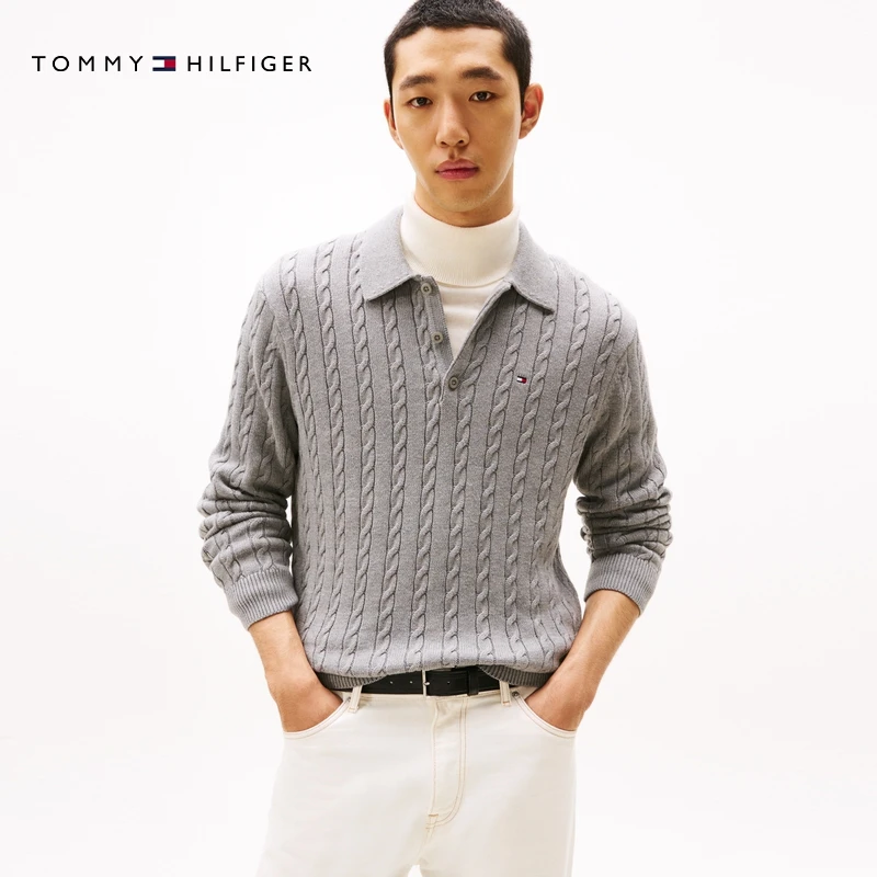 【丁海寅同款】Tommy25秋冬新款男装纯棉休闲绞花肌理POLO针织衫