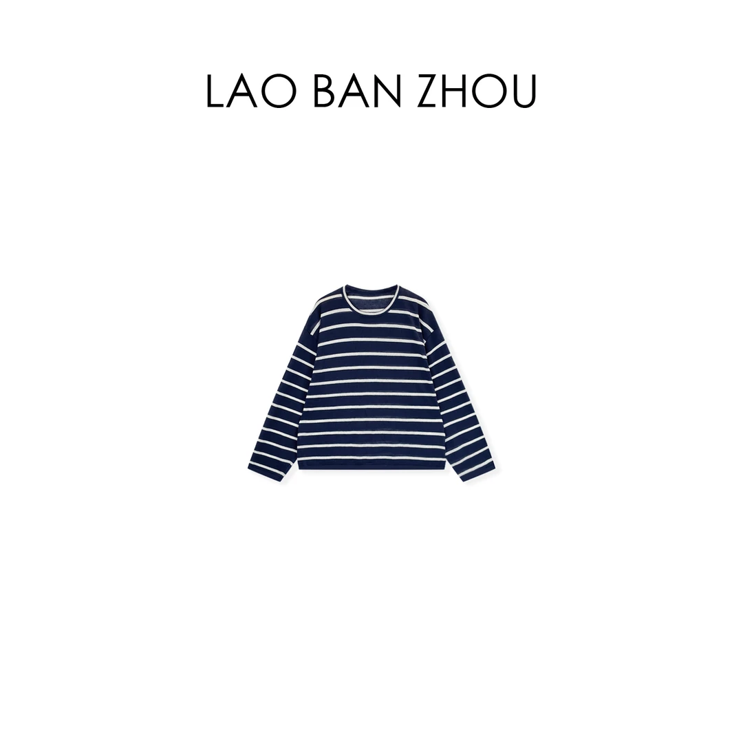 【老板周】时髦撞色 春夏休闲圆领宽松大版针织条纹上衣