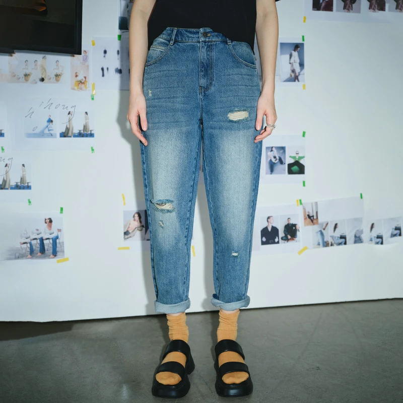 小虫【乞丐风蜡笔裤】 遮胯宽显腿长破洞牛仔棉萝卜裤-TE3XNZ020