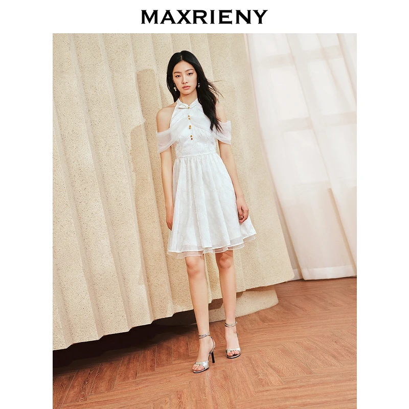 【蜜思仝】MAXRIENY新中式花韵散摆连衣裙气质春季新款仙美小白裙