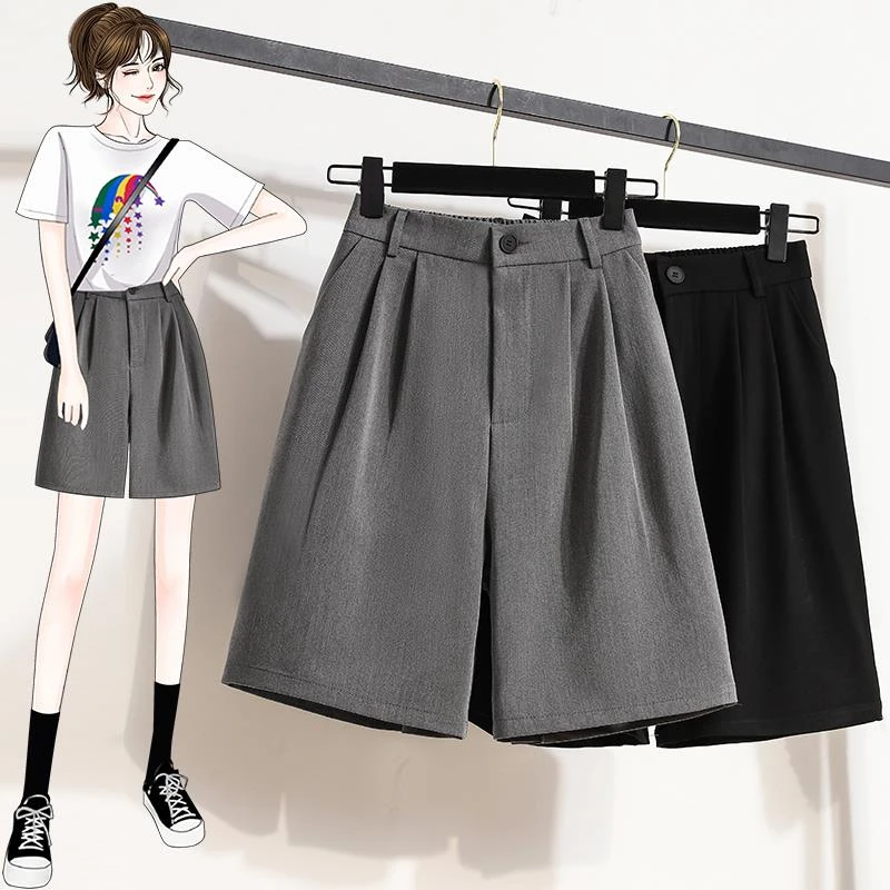大码女装2025夏季新款灰色阔腿西装短裤胖妹妹显瘦直筒中裤五分裤