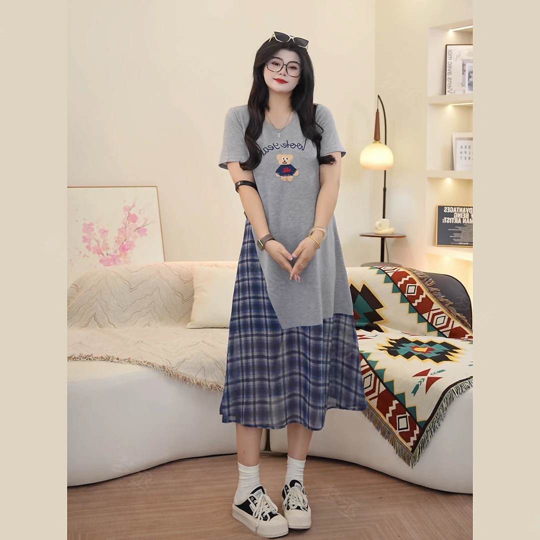 梦丞【邂逅巴黎】假两件设计感大码女装夏季拼接时尚显瘦短袖连衣裙