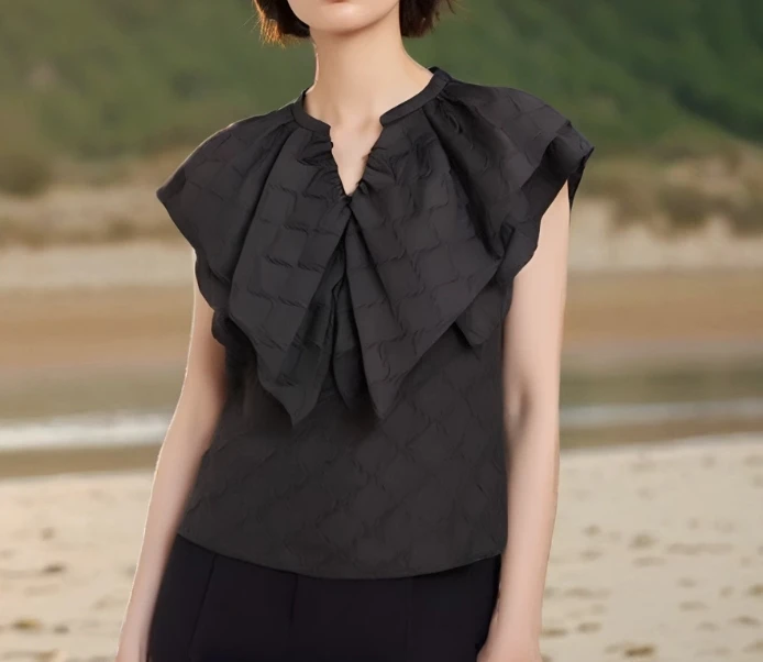 荷叶边V领肌理感百搭飞袖时尚上衣装短袖女上衣