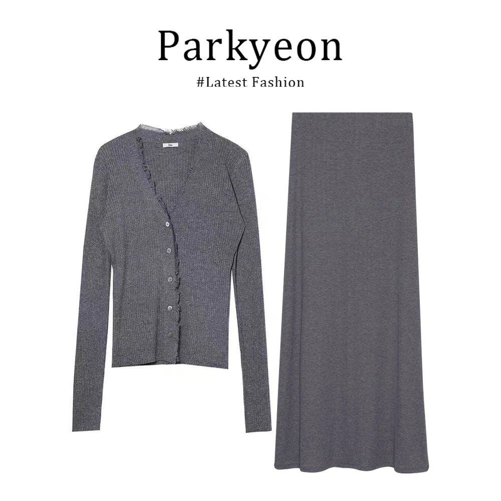 parkyeon25夏季慵懒风穿搭套装休闲V领针织开衫高腰半身裙两件套