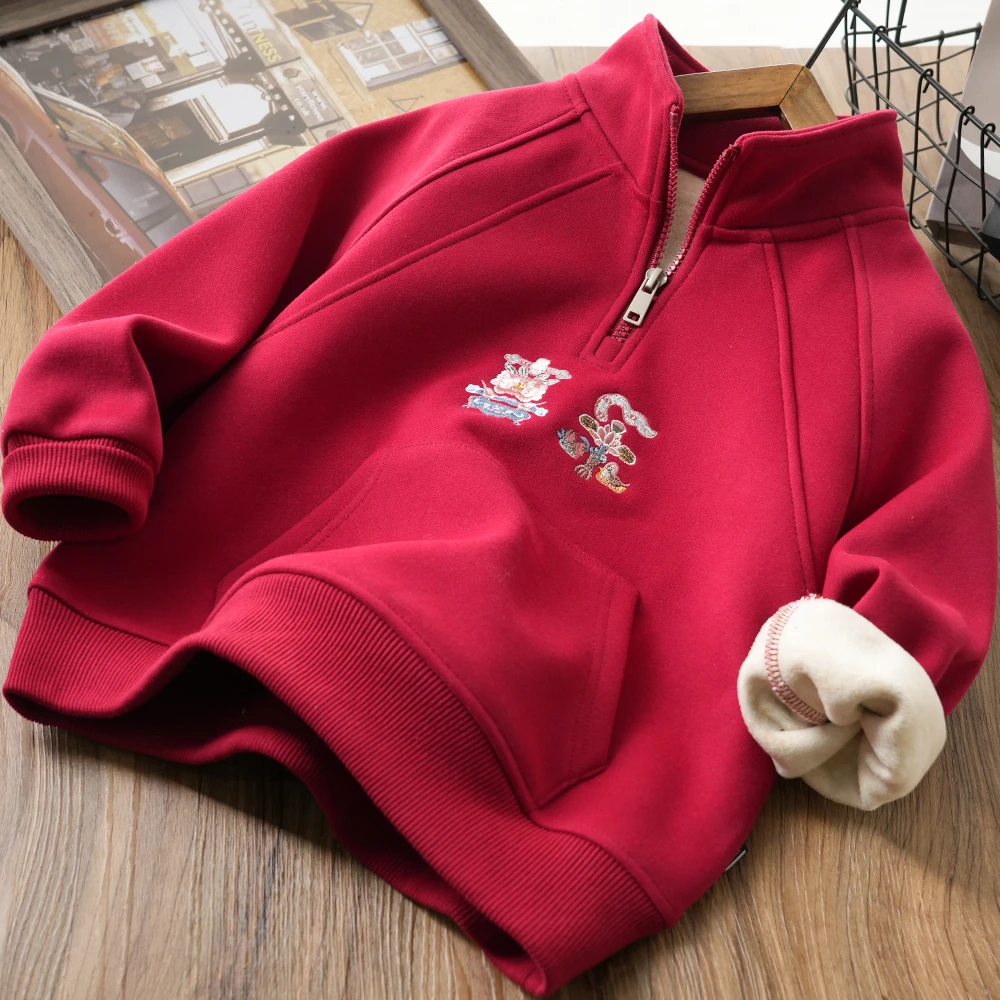 儿童拜年服冬季喜乐刺绣开领加绒卫衣中大童口袋年款上衣26261