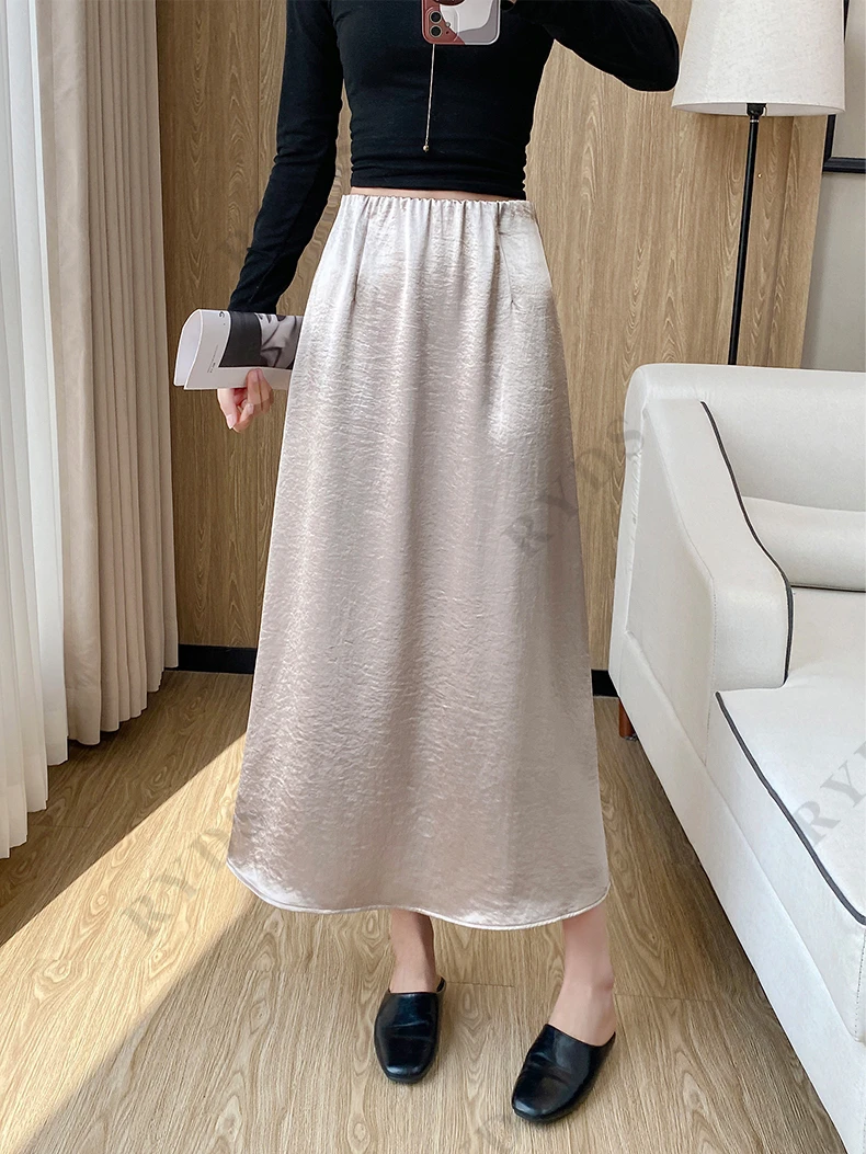 醋酸缎面半身裙高腰显瘦垂感气质中长款百搭包臀裙夏季
