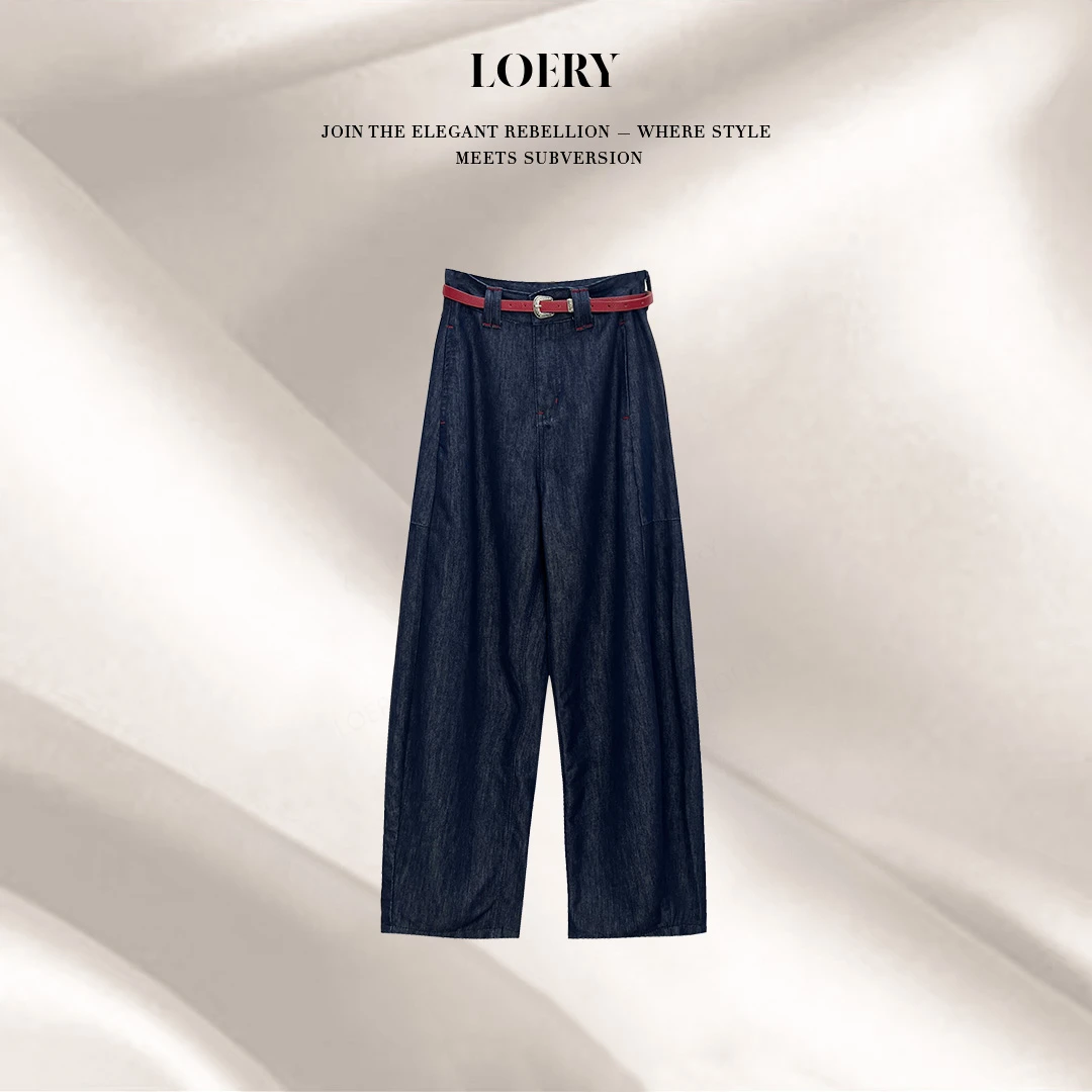 LOERY【自在裤编号94】复古慵懒风撞色腰带装饰阔腿牛仔长裤-7101
