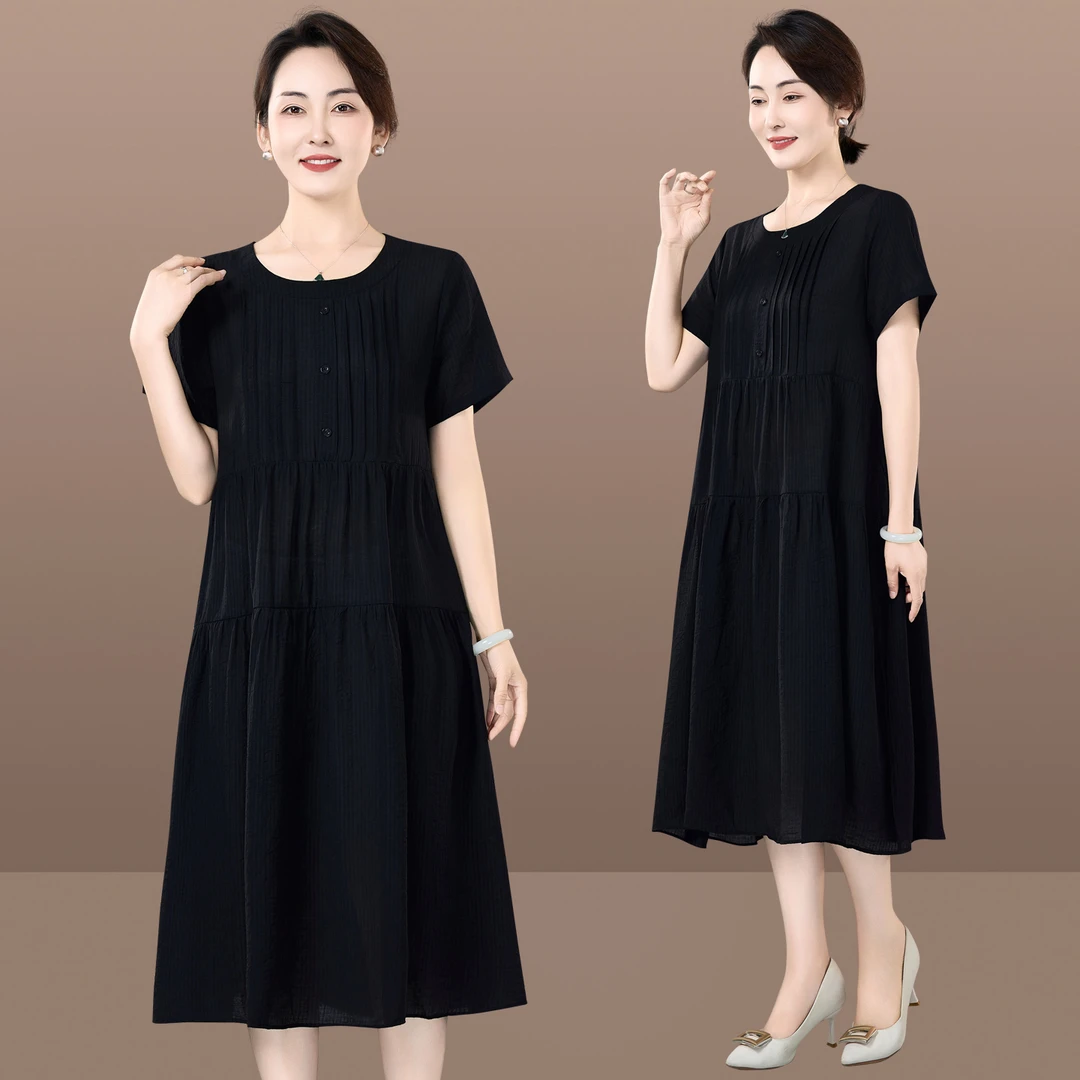 恩狐妈妈装夏季新款宽松连衣裙中老年女装夏装遮肉显瘦中长款裙子