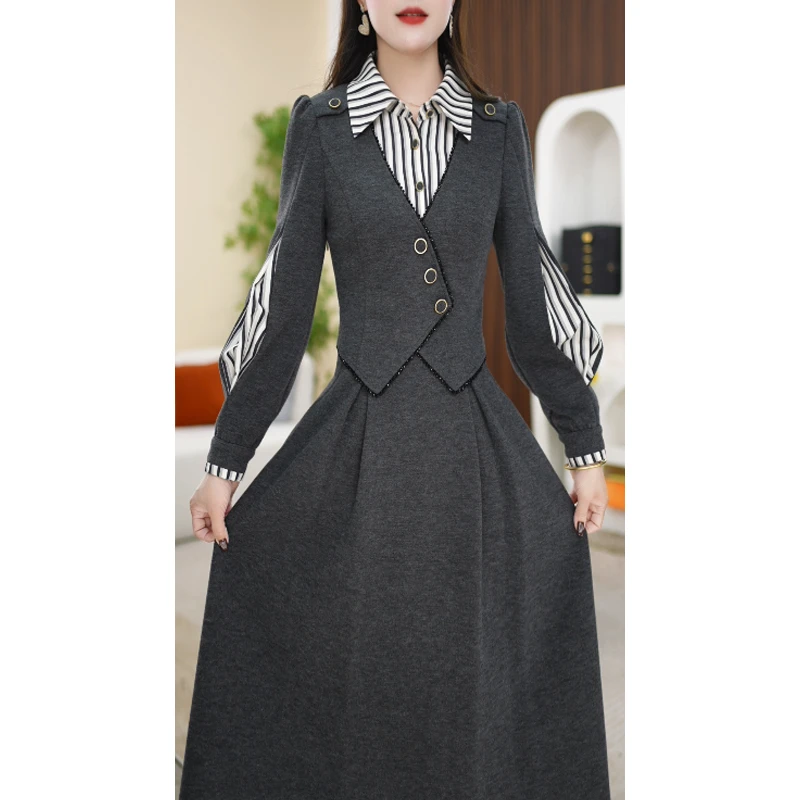 【连衣裙】冬季气质翻领洋气修身显瘦中长款通勤连衣裙M-4XL