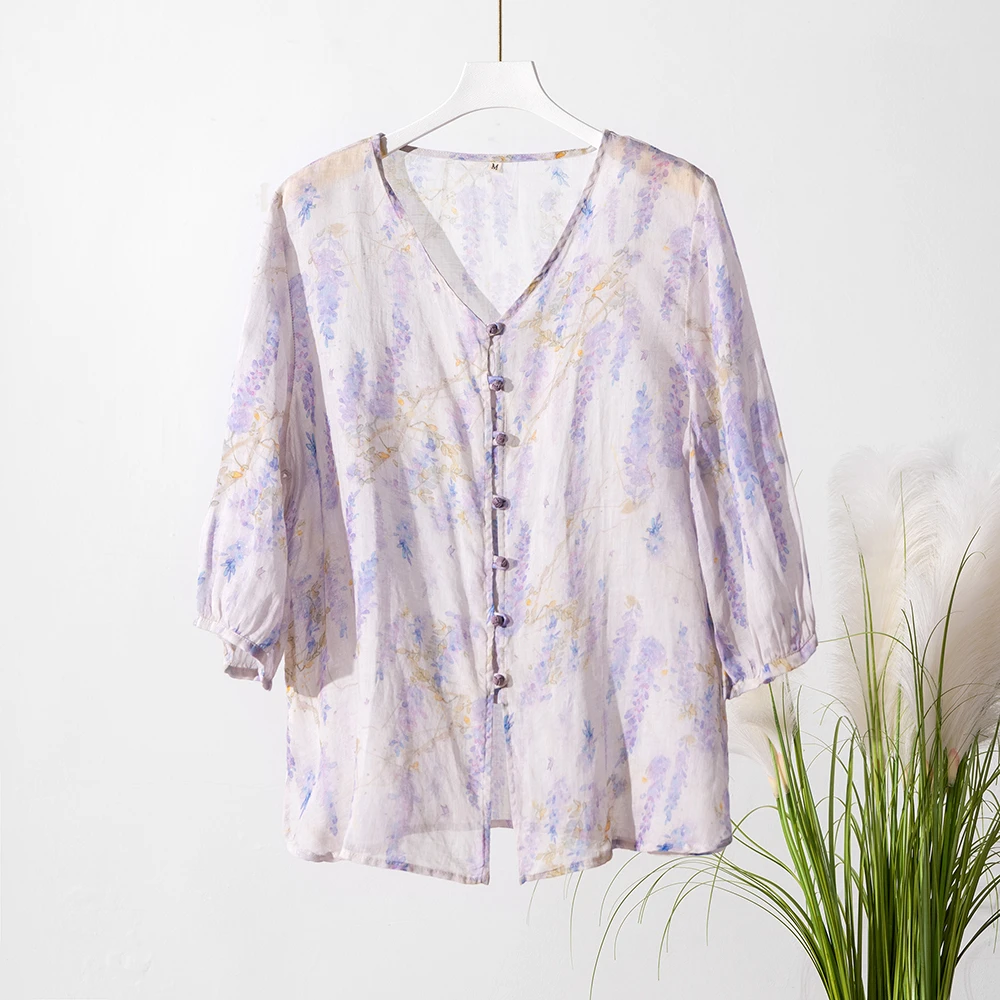 【设计师沈兰】2025夏款女士时尚花卉图案单排小盘扣长袖衬衫51711