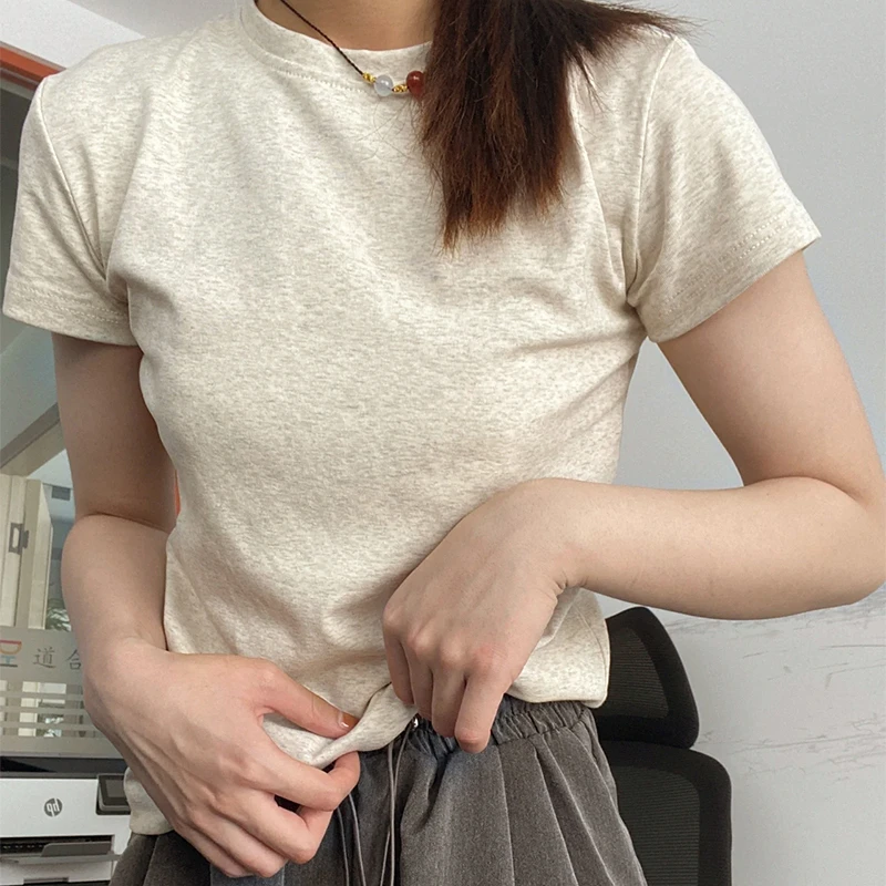 灰色修身正肩短袖T恤打底衫女款夏季爆款2025新款高级感显瘦上衣