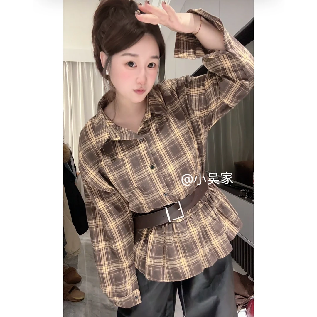 「小吴家」2025秋冬新款韩版格子长袖衬衫女配腰带显瘦上衣
