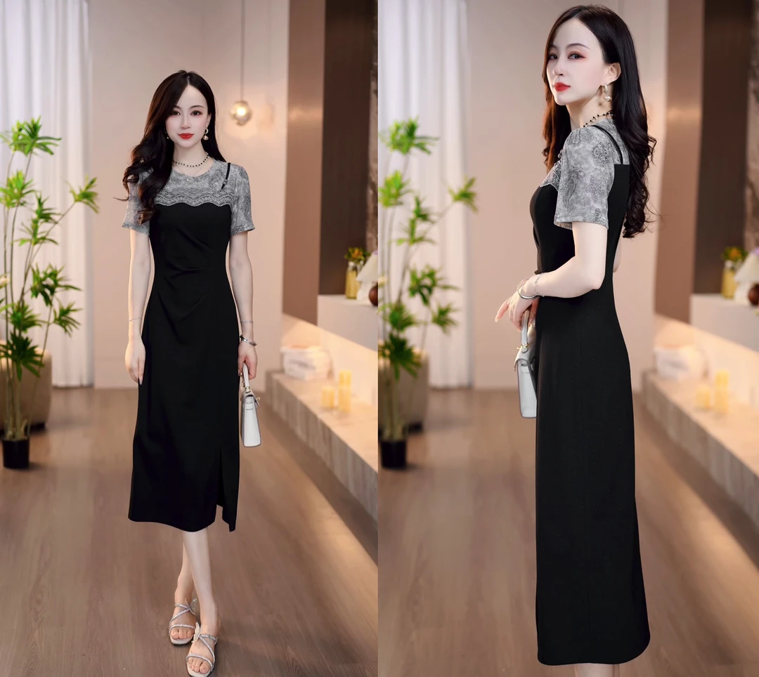 2025夏季新款黑灰背带拼接花边设计长款修身假两件连衣裙M-4XL