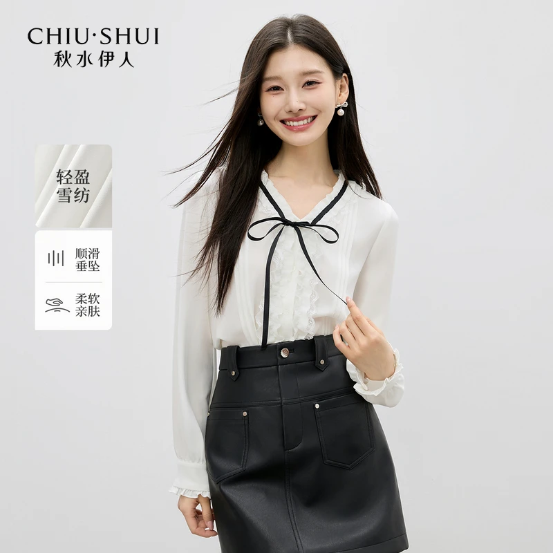 【千颂妮】秋水伊人V领上衣秋季木耳花边雪纺衫625308A060050