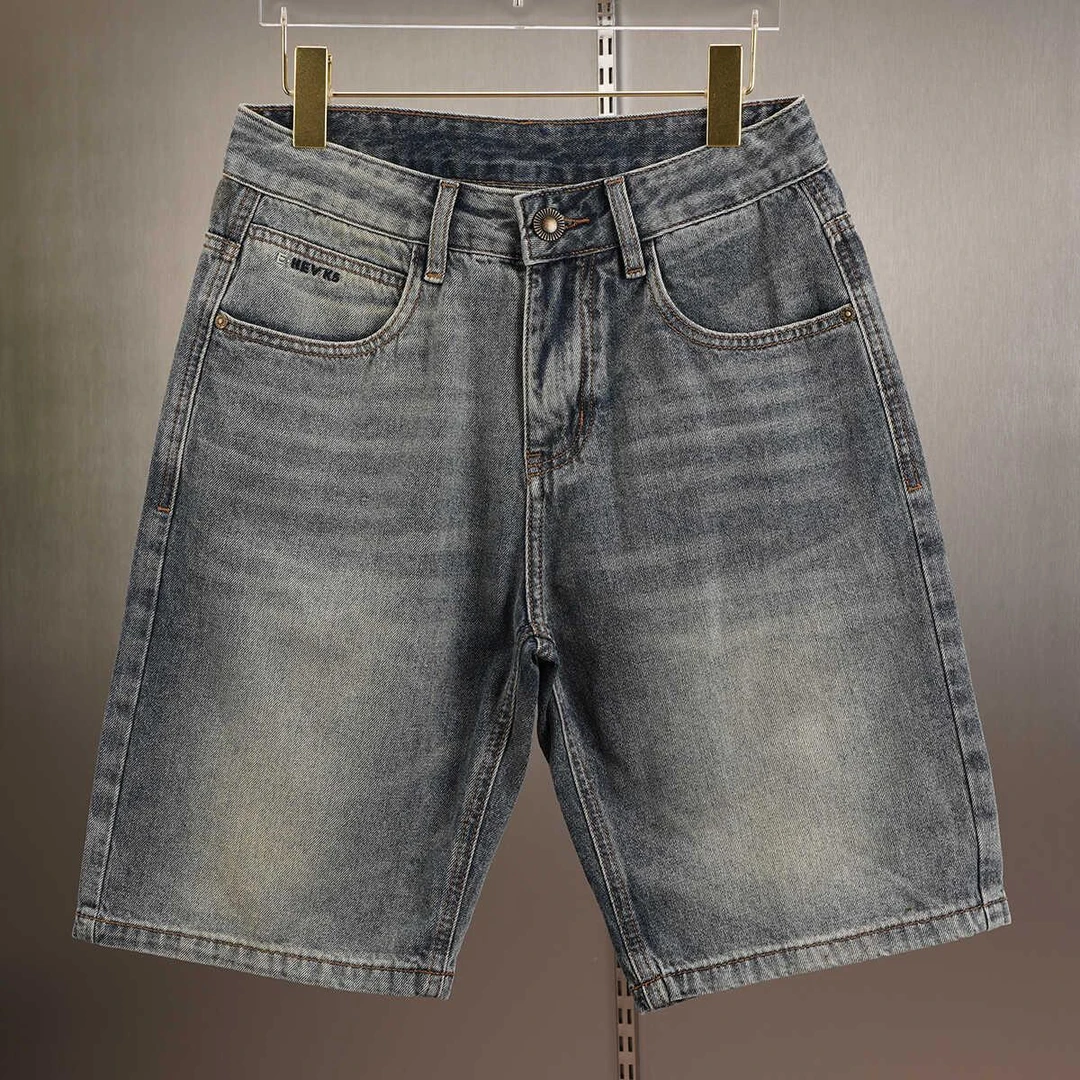 轻奢破洞牛仔裤男2025夏季薄款宽松直筒短裤潮刺绣弹力百搭五分裤