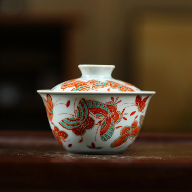 【网瓷专属】红绿彩蝴蝶盖碗(翁宿底款)(翁宿S0198)