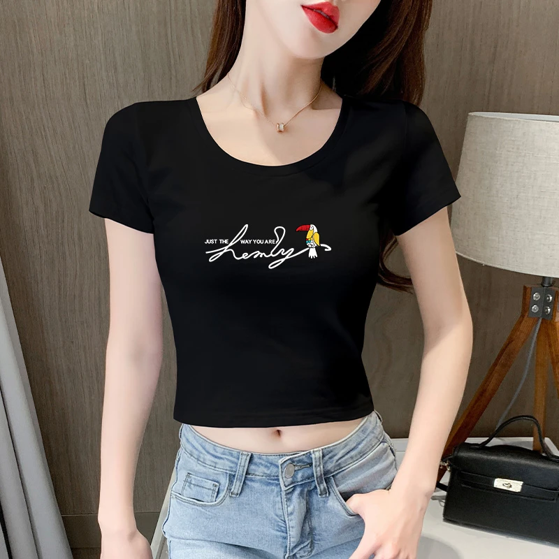 黑色短款t恤女短袖圆领修身2025夏季新款纯棉高腰露肚脐紧身上衣