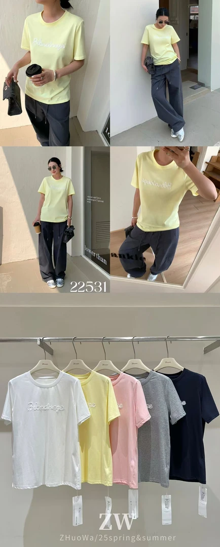 鑫燃KIKI 蕾丝字母透气正肩袖短袖T恤 22531 DH【F】