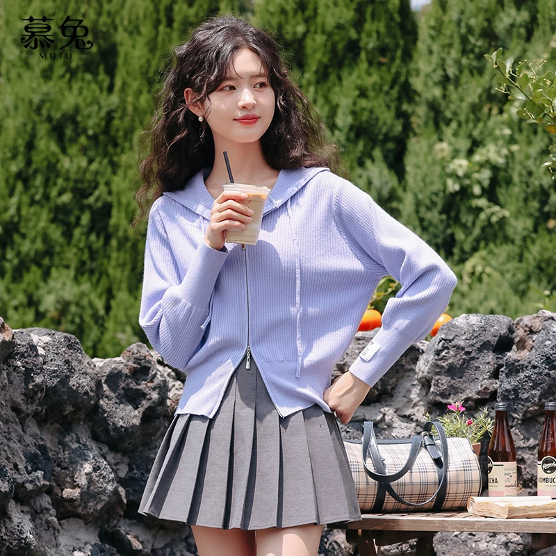 慕兔拉链长袖连帽针织开衫女2024秋季新款设计感小众气质外套上衣