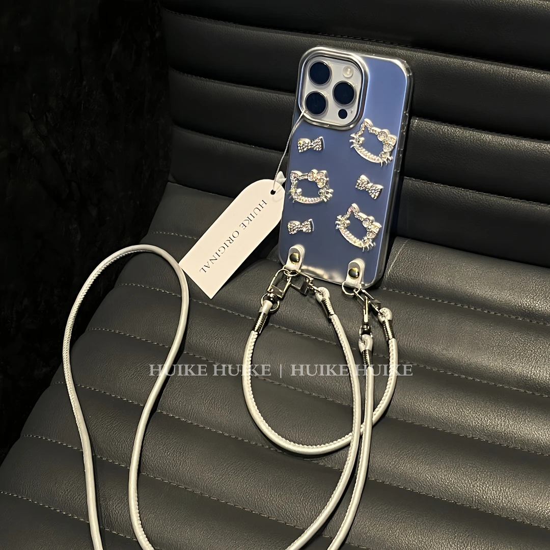 高级银闪钻kitty适用17苹果16手机壳iphone15/14手提13promax斜跨