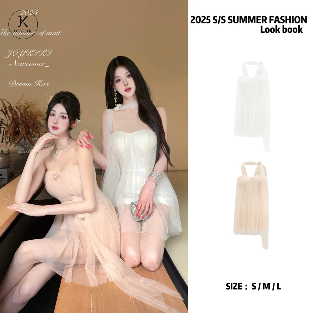JOYKIKI金金【玲奈纪事】法式高级拼接飘带网纱设计连衣裙J25B149