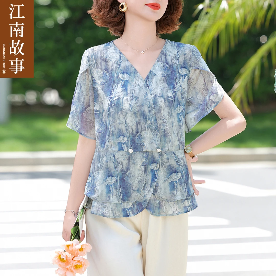 江南故事中老年女装夏季妈妈装气质印花套装减龄小衫中年时尚两件