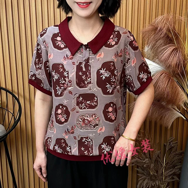 中老年女装夏季新款时尚翻领轻薄透气宽松显瘦洋气妈妈装短袖上衣