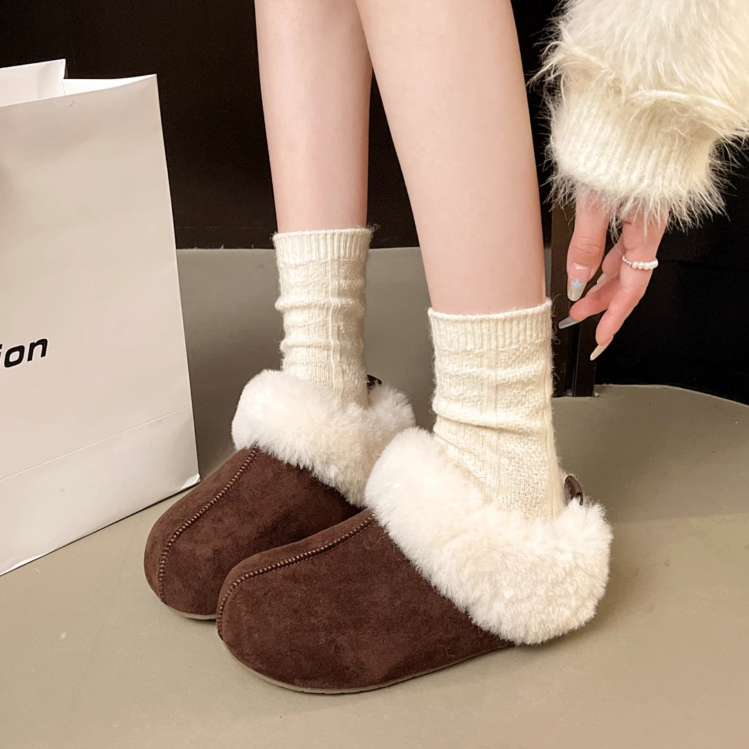 包头拖网红厚底磨砂皮包头韩版松糕跟欧美防滑加绒ins保暖毛毛鞋