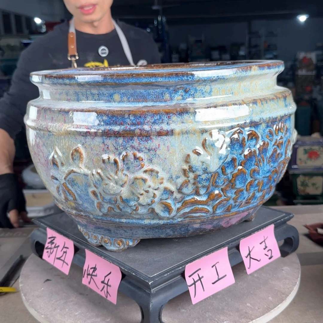一风堂石湾花盆。釉裂