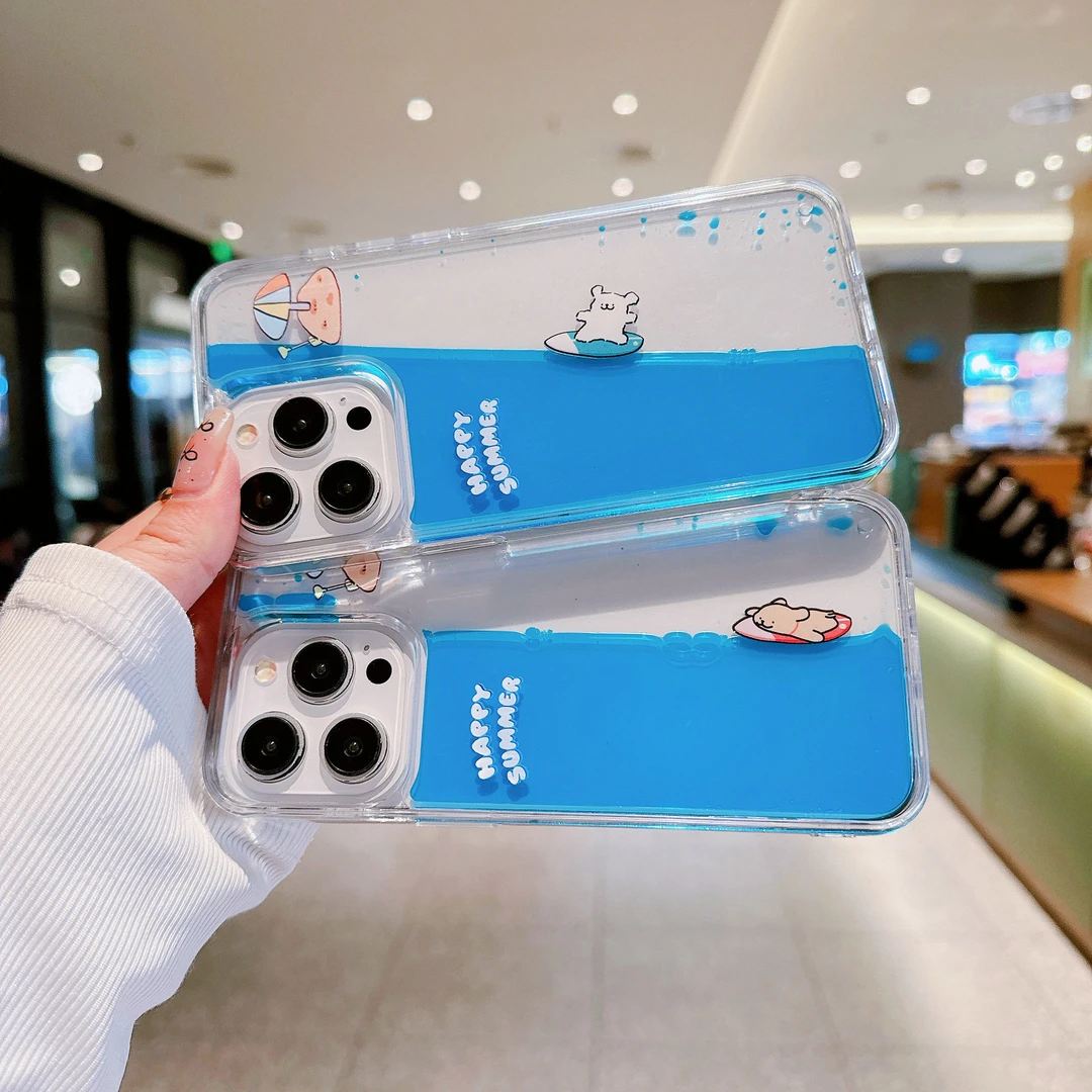 冲浪适用iPhone15Pro手机壳流沙夏天清新14PROMAX透明壳可爱
