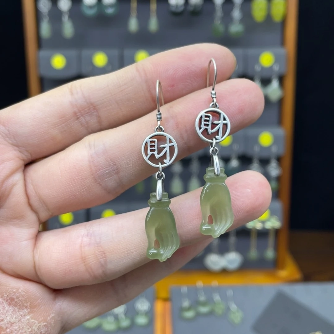 和田玉银S925镶嵌耳饰