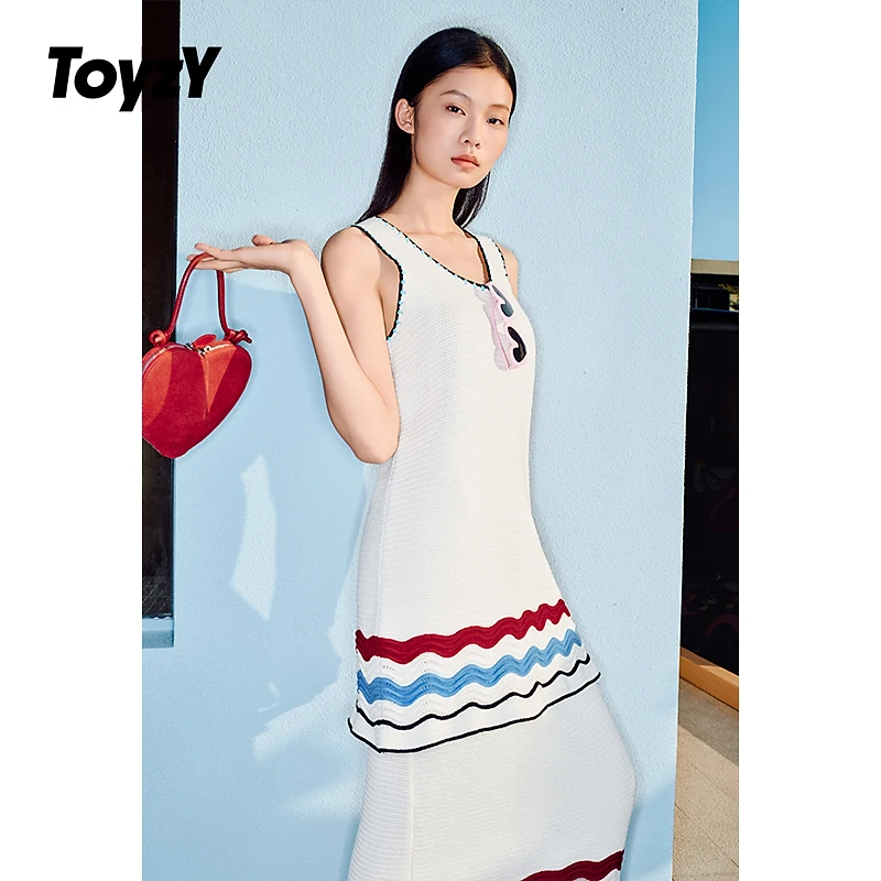 ToyzY25春新款度假风波浪条纹纯棉针织无袖背心裙ZC35106370