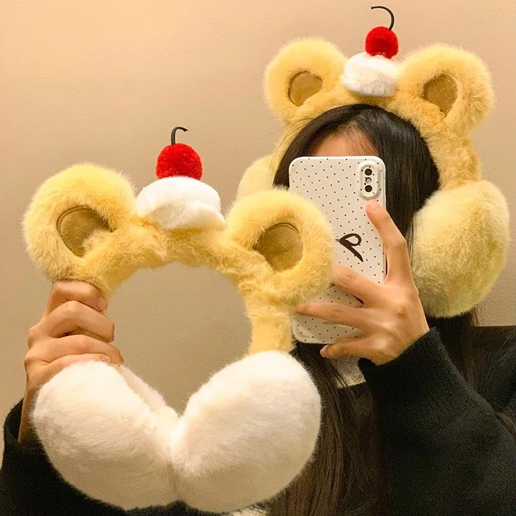 可爱蛋糕黄油小熊毛绒耳罩女冬季加厚骑行保暖耳套耳暖耳包耳捂JY