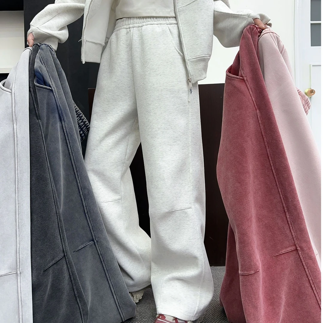 春秋宽松运动炒色直筒高腰显瘦阔腿裤