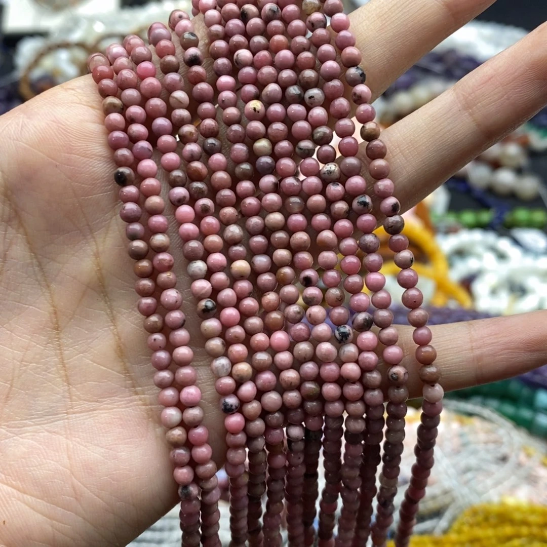 未镶嵌玛瑙/玉髓珠宝半成品一条纯天然蔷薇石圆珠3.5mm