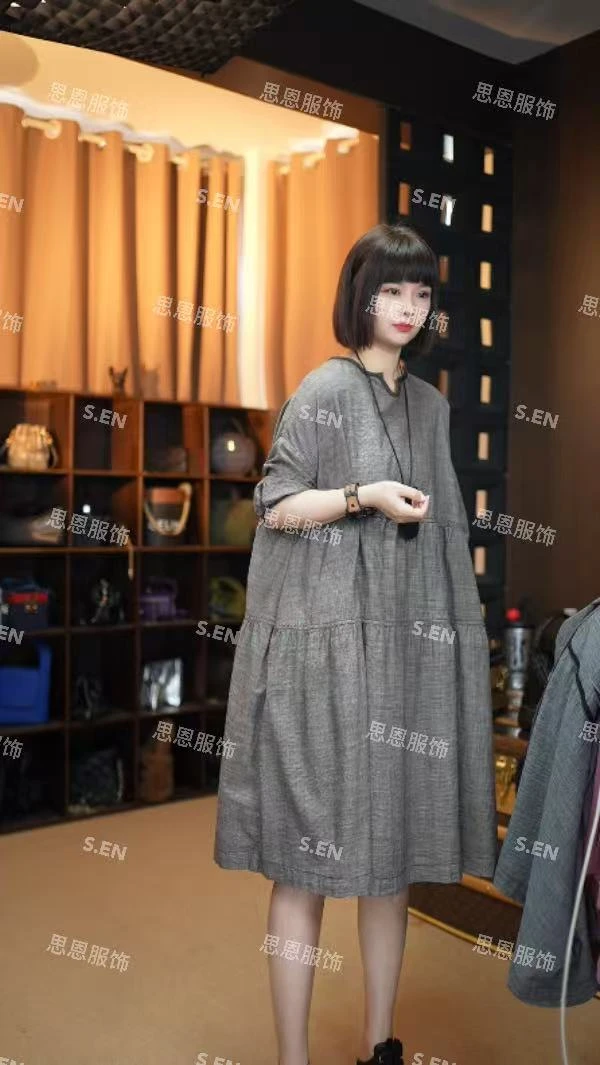 【思恩】2025春季新款欧洲站简约时尚大板显瘦棉麻连衣裙女029